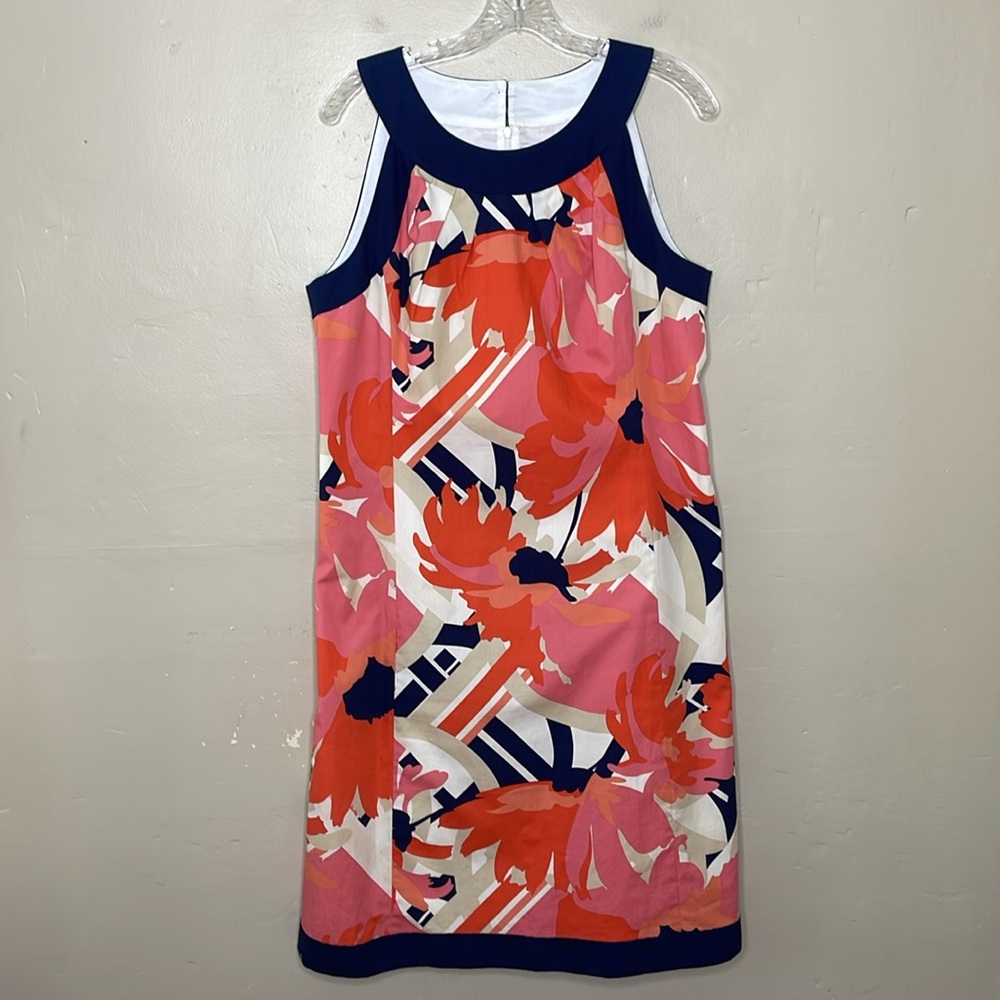YVES COSETTE DEPECHE Sheathe Dress Navy & Coral Tropical Floral Sleeveless 12